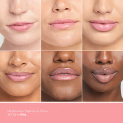 Collage of six different skin tones wearing a pink lip product with a pink background.