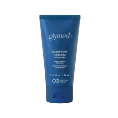 Blue tube of glymed+ Comfort Cream on a white background