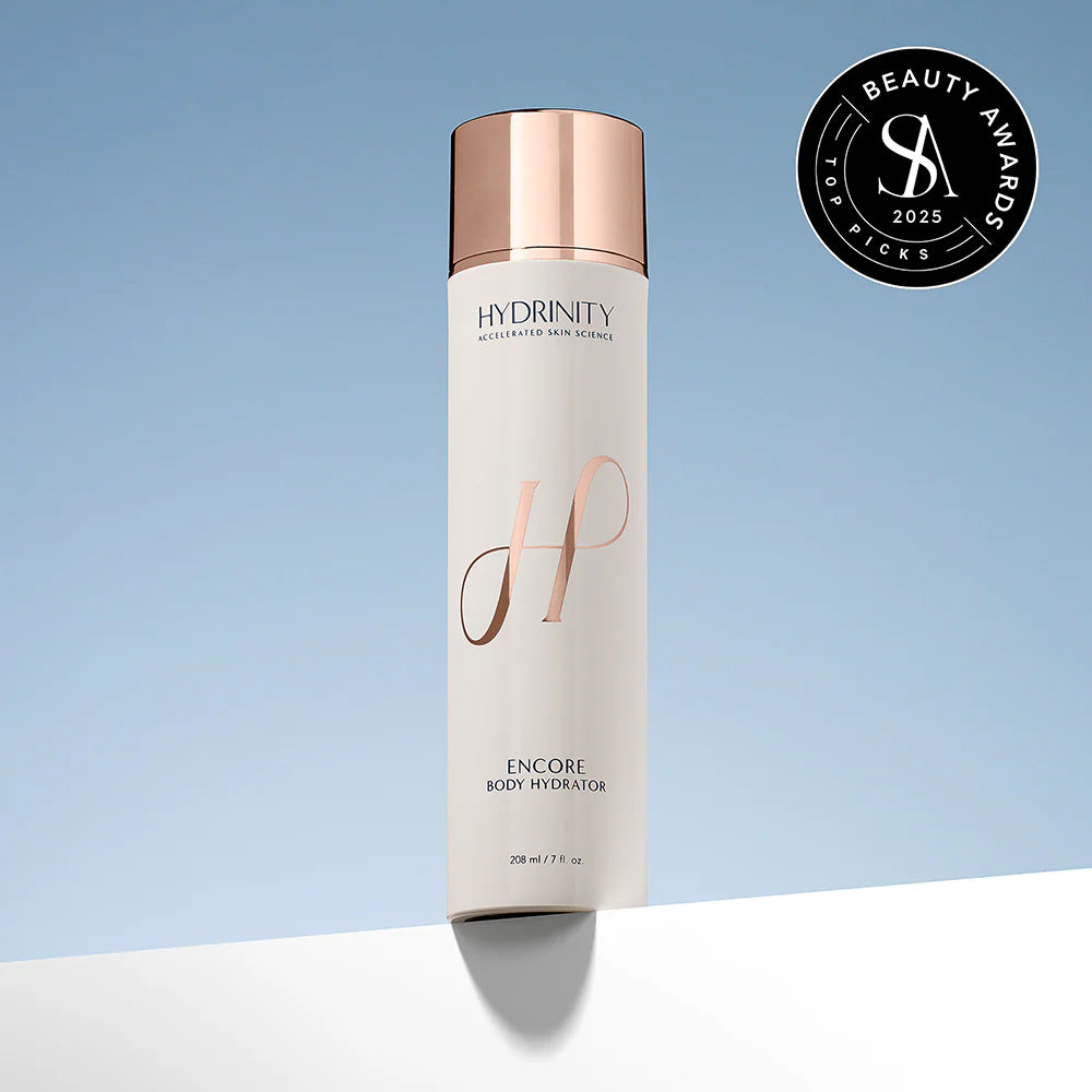 HydrinityEncore body hydration bottle with a blue background and Beauty Awards 2025 badge.