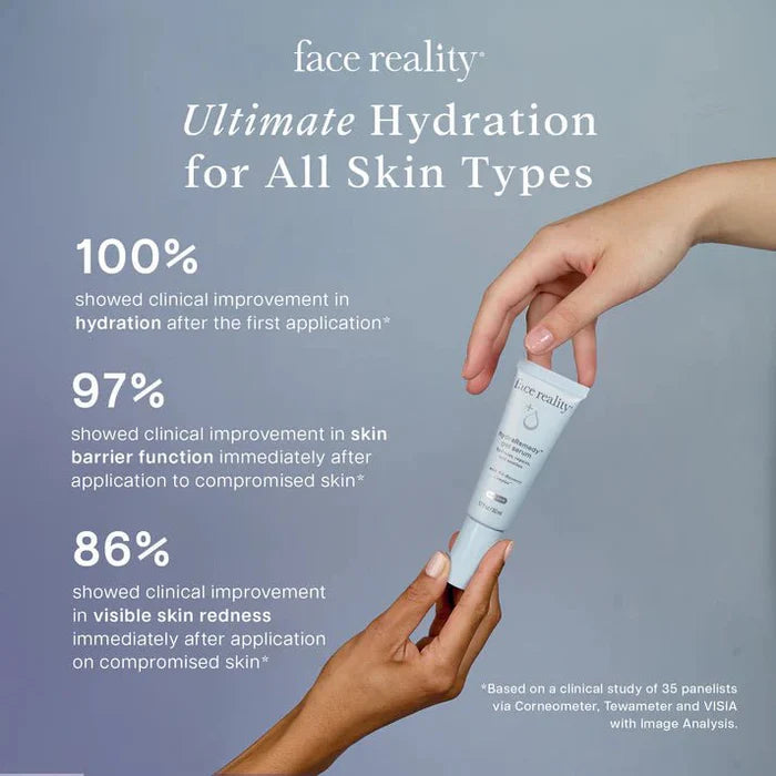 Hand holding a skincare product with clinical improvement statistics on a gray background