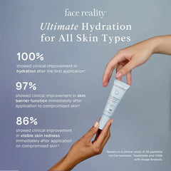 Hand holding a skincare product with clinical improvement statistics on a gray background