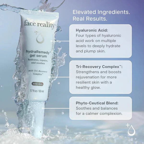 Tube of 'face reality' hydra remedy gel serum with product details on a blue background