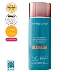 Colorescience Sunforgettable Total Protection Face Shield Flex SPF 50 on a white background with awards displayed.