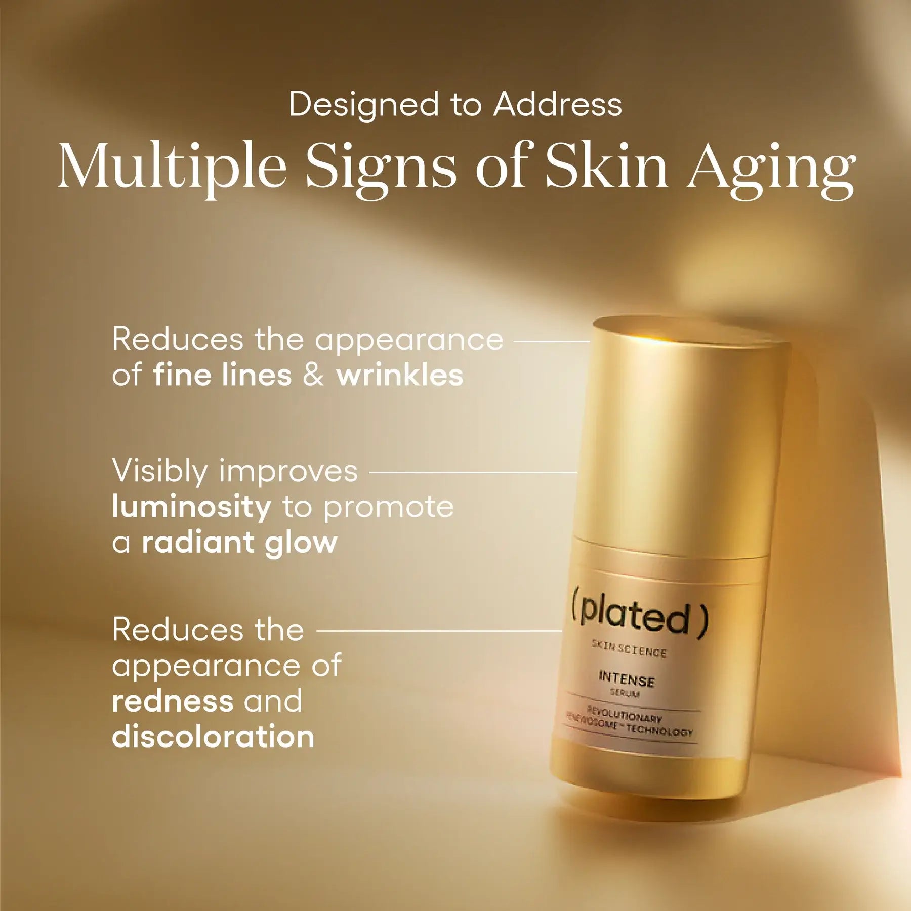 Gold skincare serum bottle with text on a beige background
