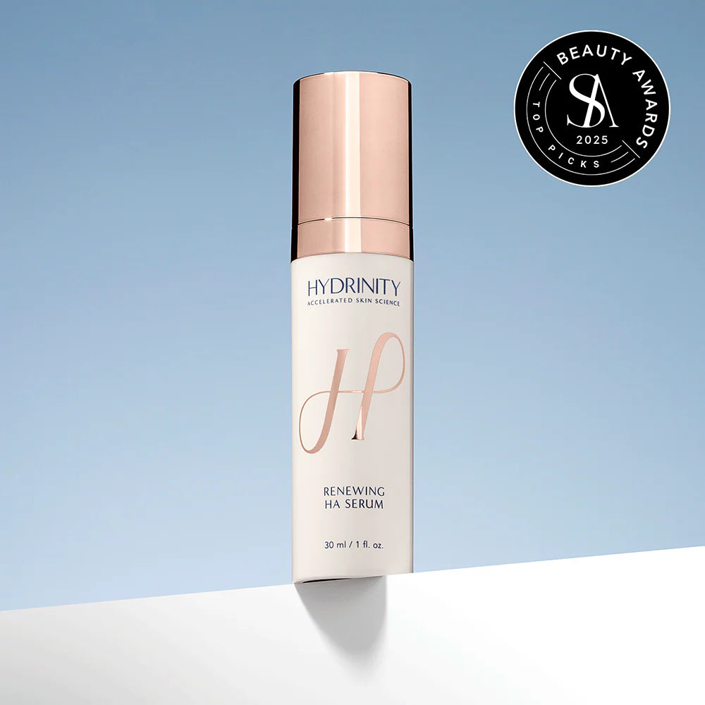 Hydrinity serum bottle with 'Top Picks' beauty award badge on a light blue background