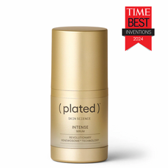 Gold skincare serum bottle labeled 'plated' with a 'Time Best Inventions 2024' badge on a white background