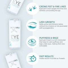 Factor Five Eye and Lash Cream packaging with product benefits on a light gray background
