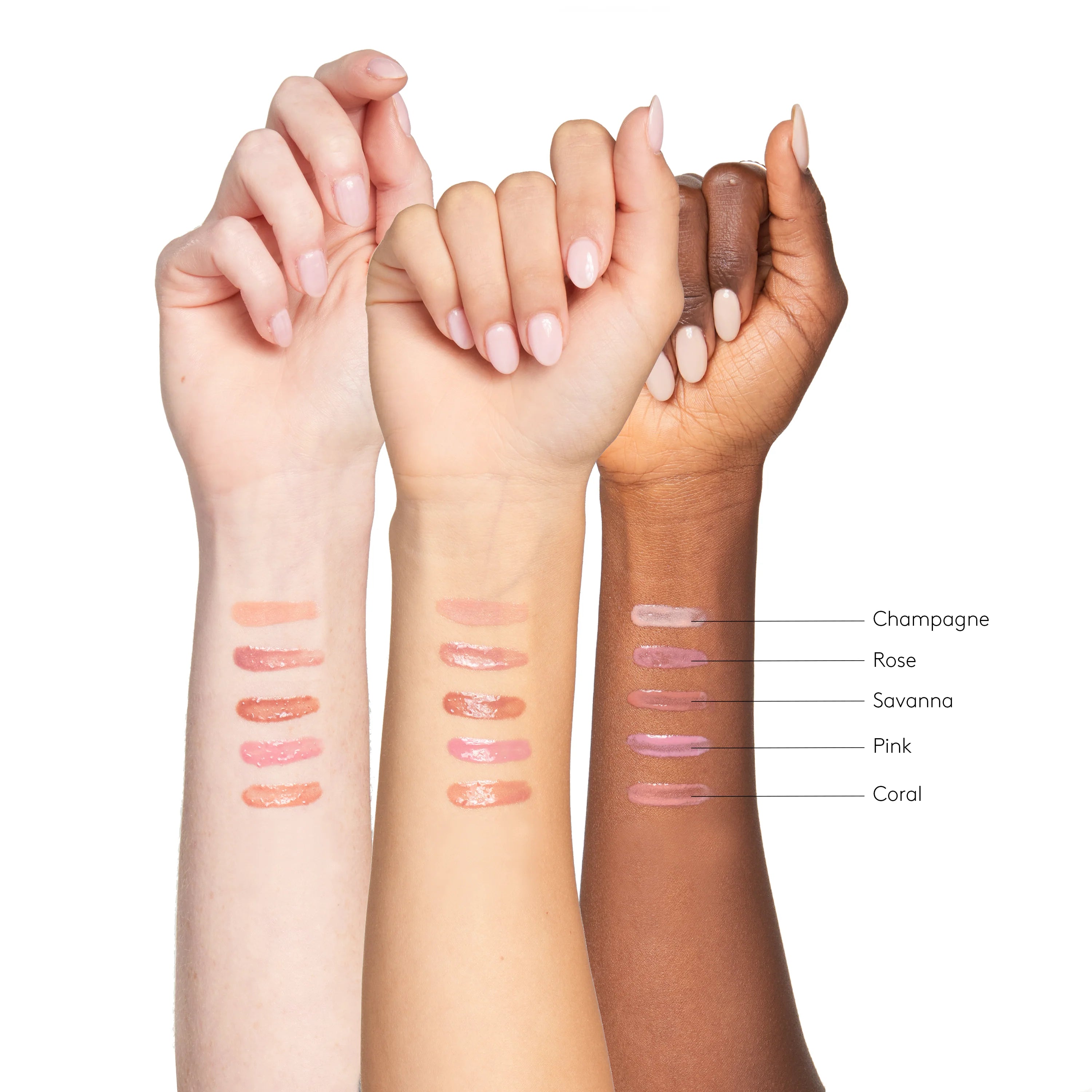 Three hands with different skin tones displaying lipstick swatches on a white background.
