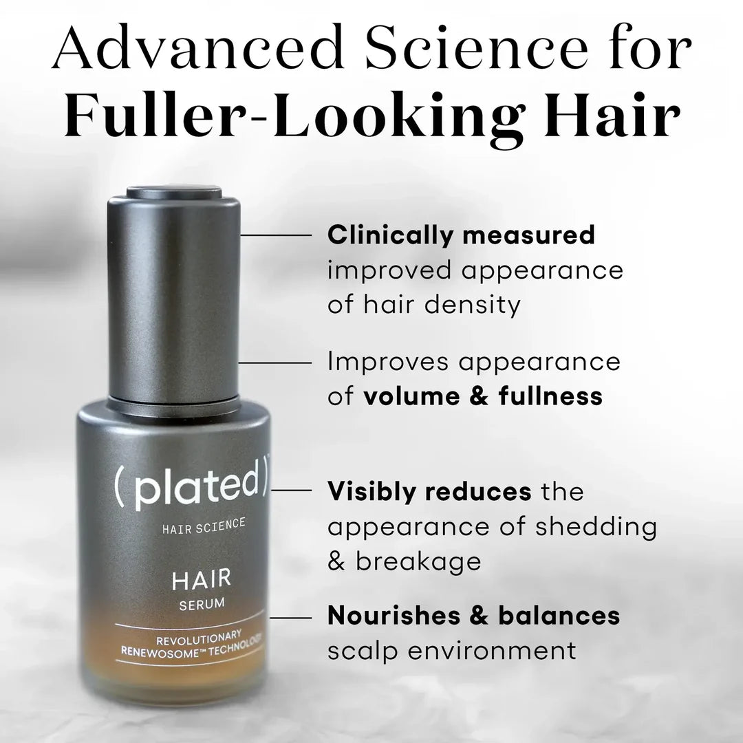 Plated hair serum bottle with text highlighting benefits on a light background