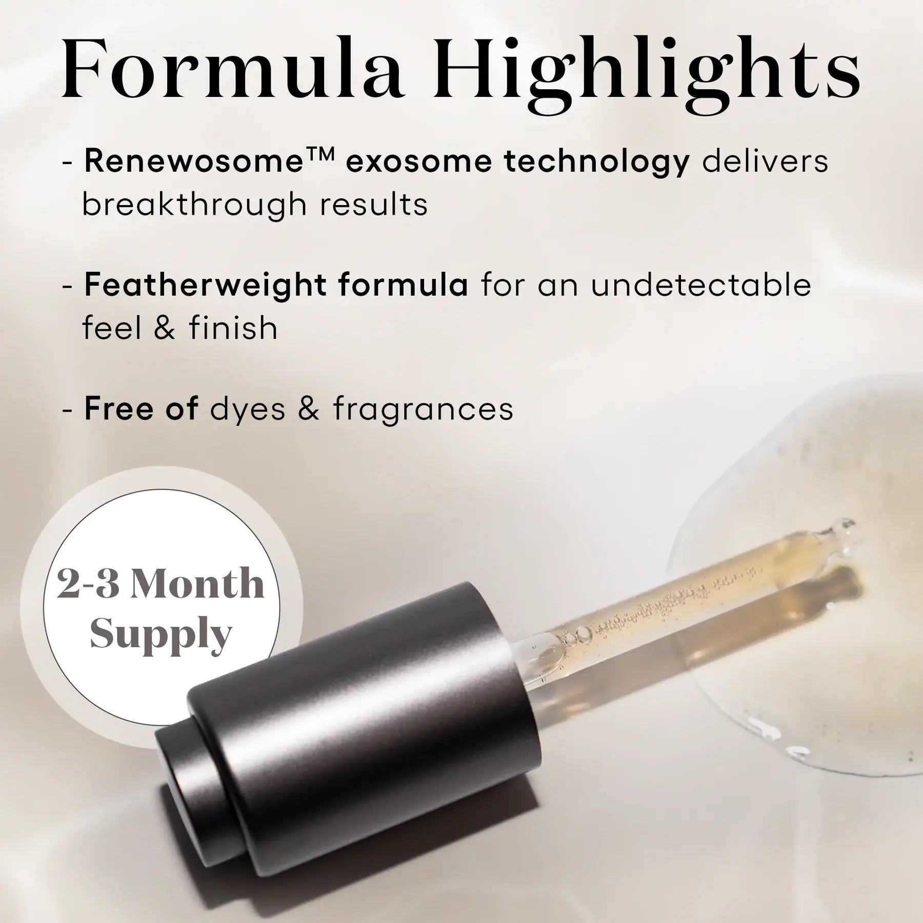 Cosmetic applicator with text highlighting exosome technology, featherweight formula, and dye/fragrance-free properties.