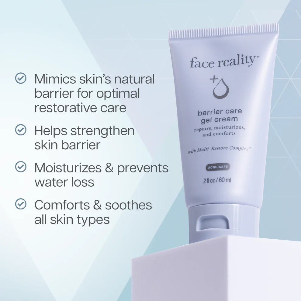 Tube of 'face reality' barrier care gel cream with product benefits on a light blue background