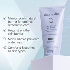 Tube of 'face reality' barrier care gel cream with product benefits on a light blue background