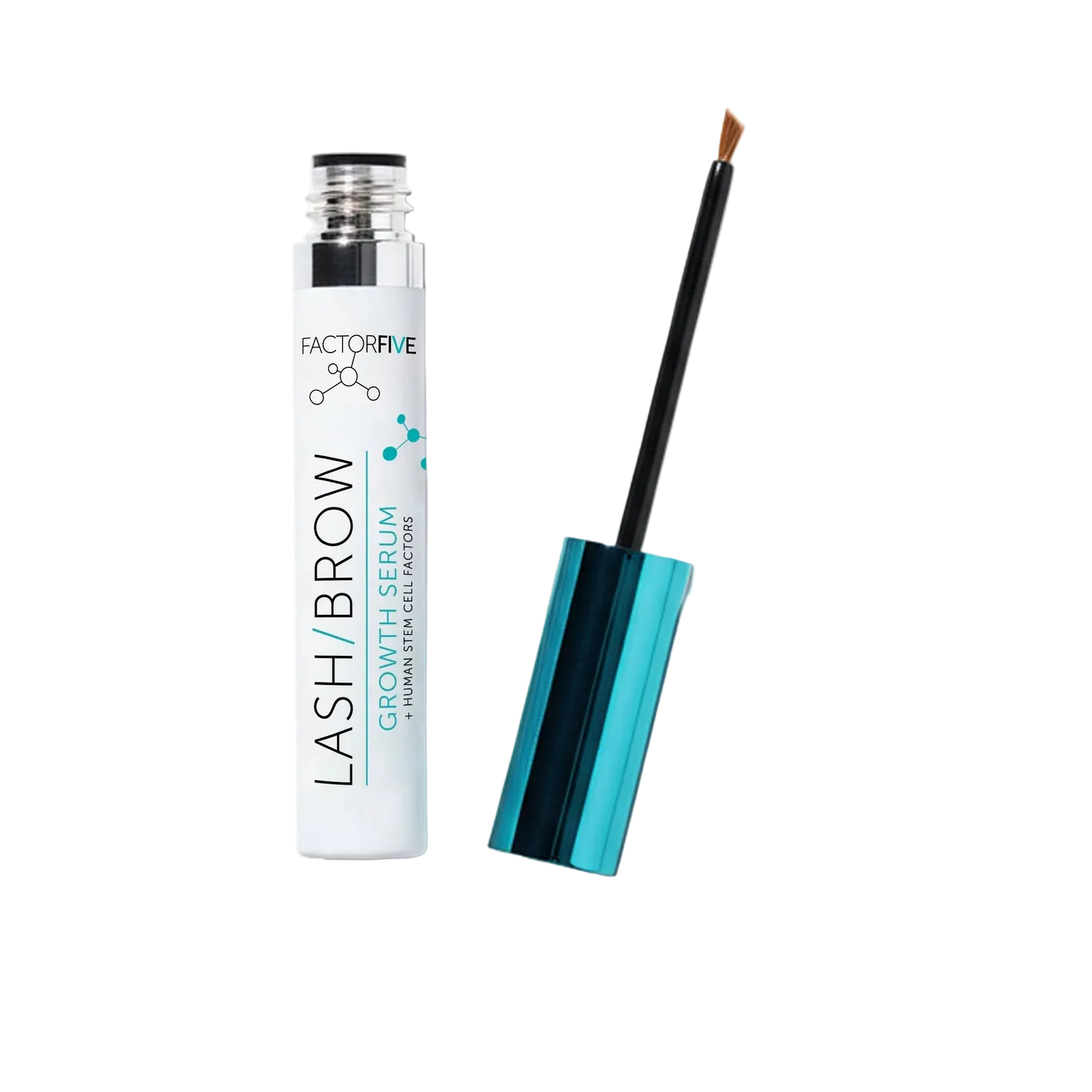 Factor Five Lash & Brow Growth Serum with applicator on a white background