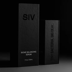 Two black boxes labeled 'SIV Biome Balancing Serum' and 'Tiny Bacteria. Big Deal' on a dark background.