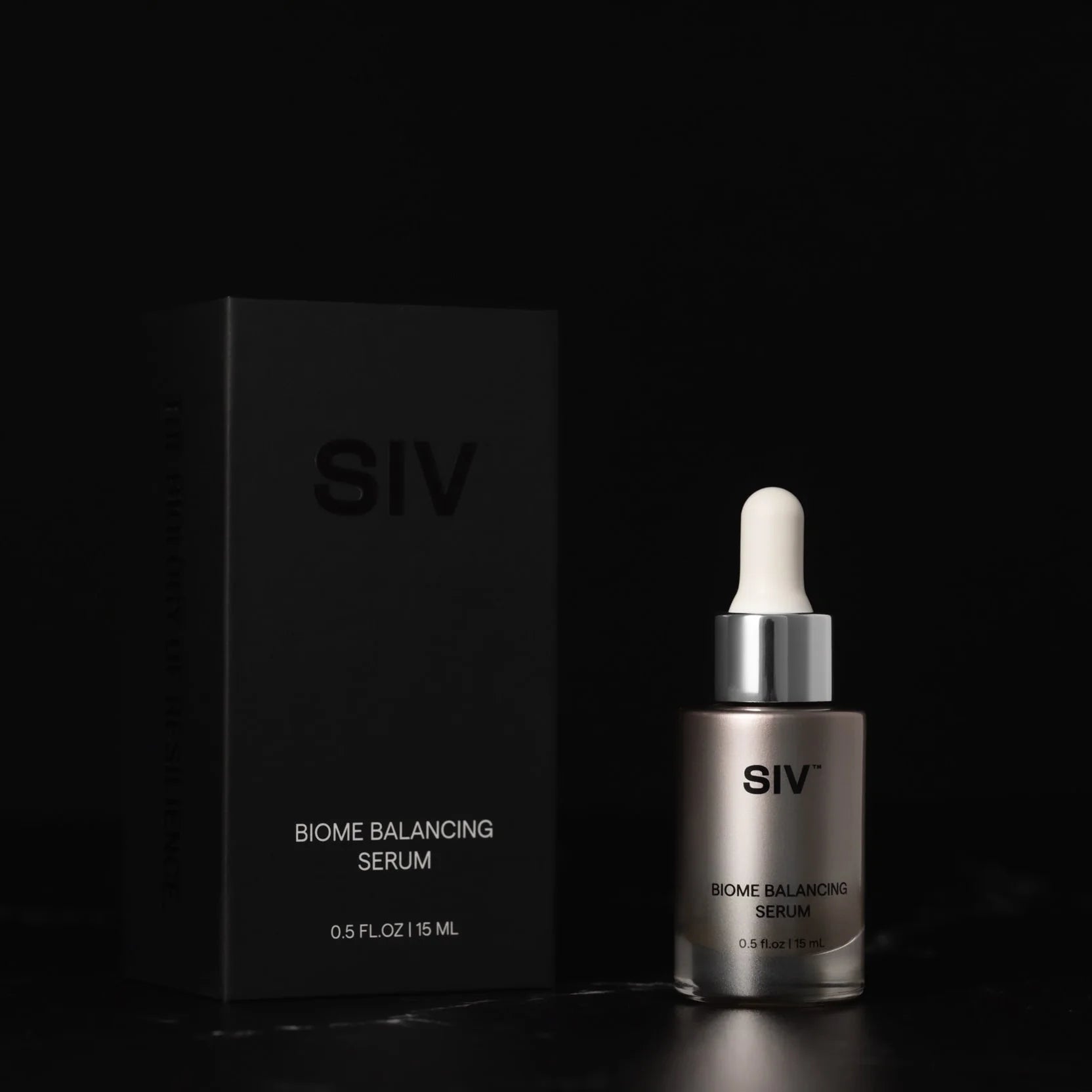 SIV Biome Balancing Serum bottle and packaging on a black background