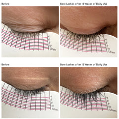 Before and after comparison of bare eyelashes with a lash growth product over 12 weeks, using a ruler for measurement.