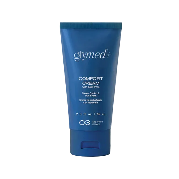 Blue tube of glymed+ Comfort Cream on a white background