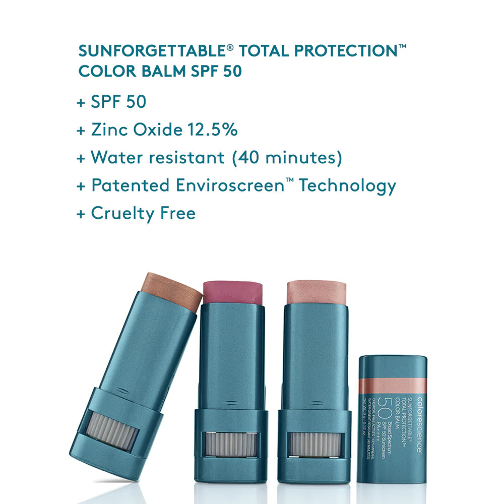 Sunforgettable Total Protection Color Balm SPF 50 with product details on a white background