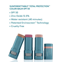 Sunforgettable Total Protection Color Balm SPF 50 with product details on a white background