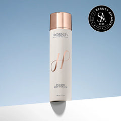 HydrinityEncore body hydration bottle with a blue background and Beauty Awards 2025 badge.