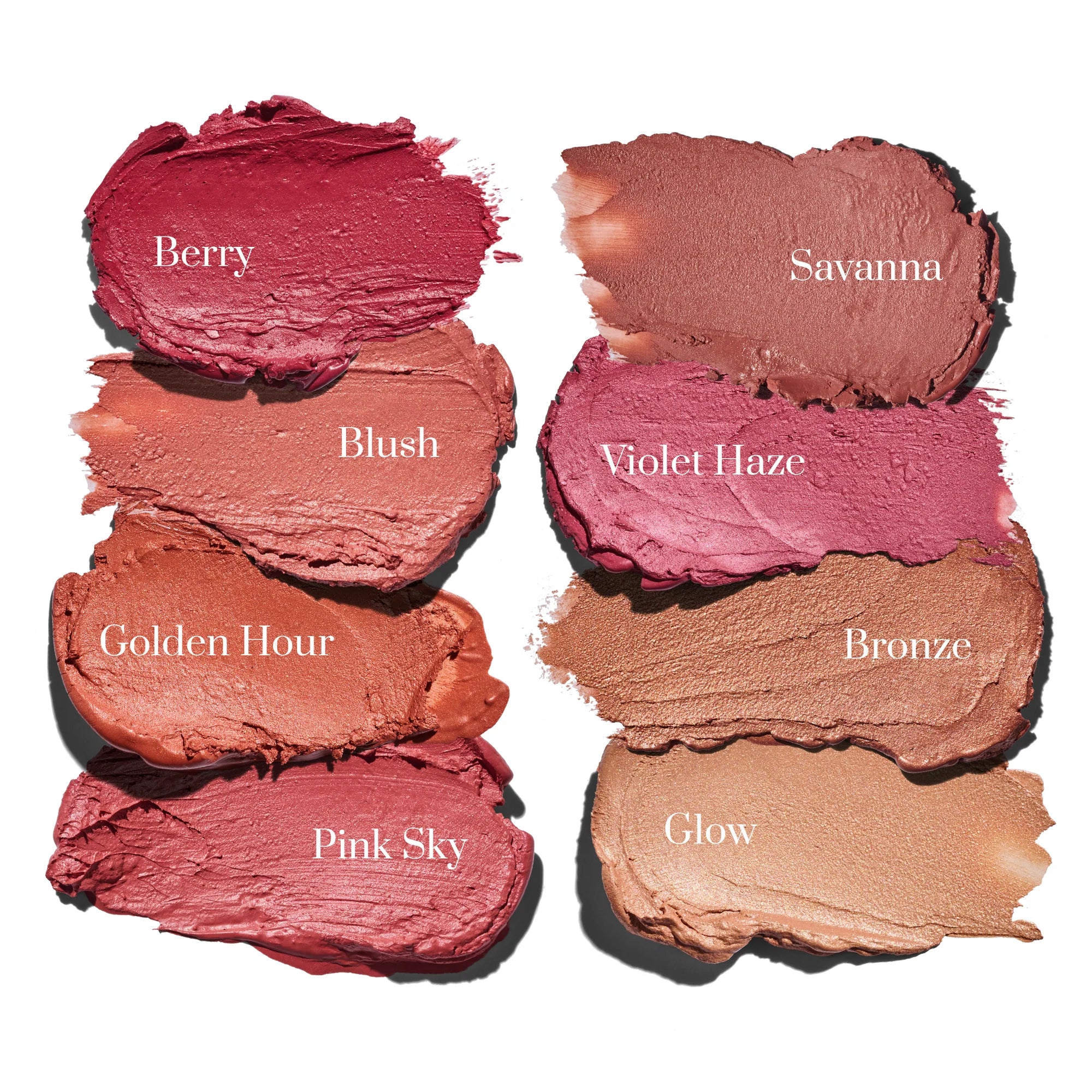 Collection of swatched makeup colors with names on a white background