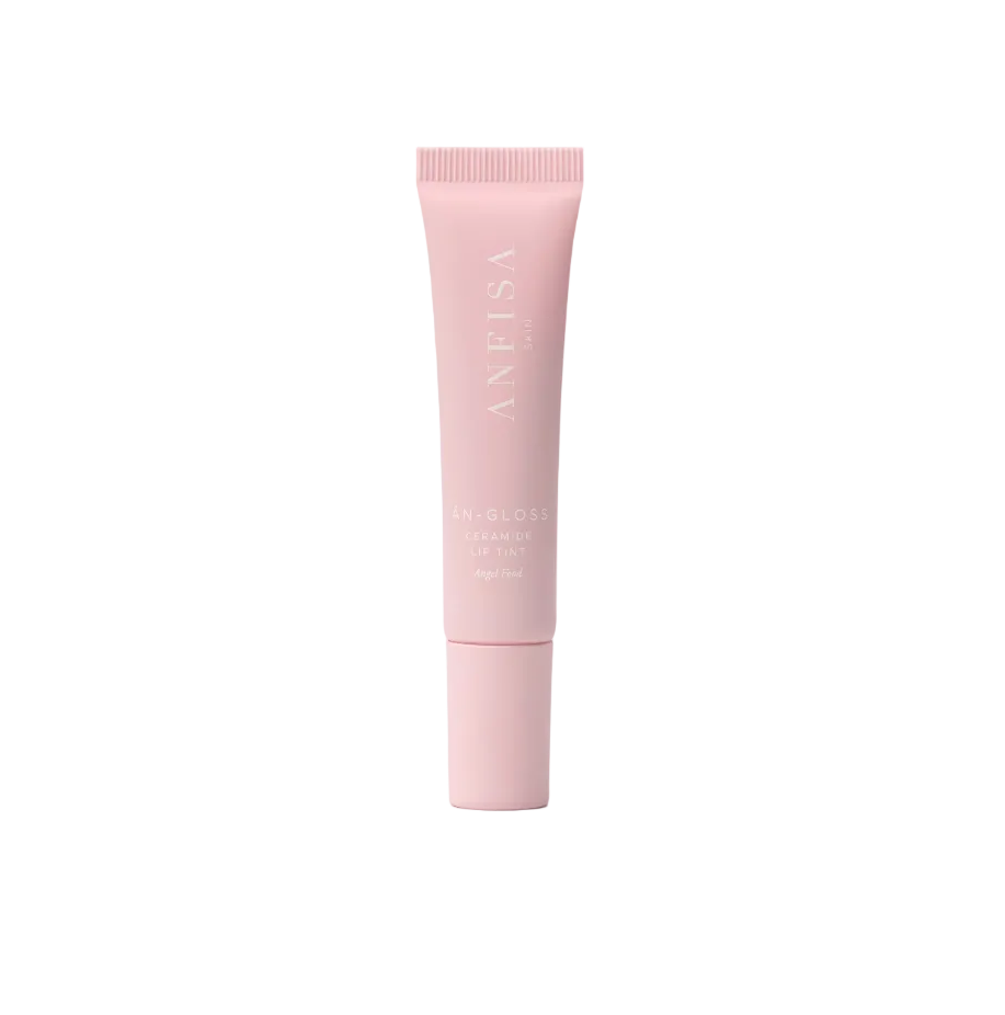 Pink skincare tube on a white background with a pink logo in the corner.