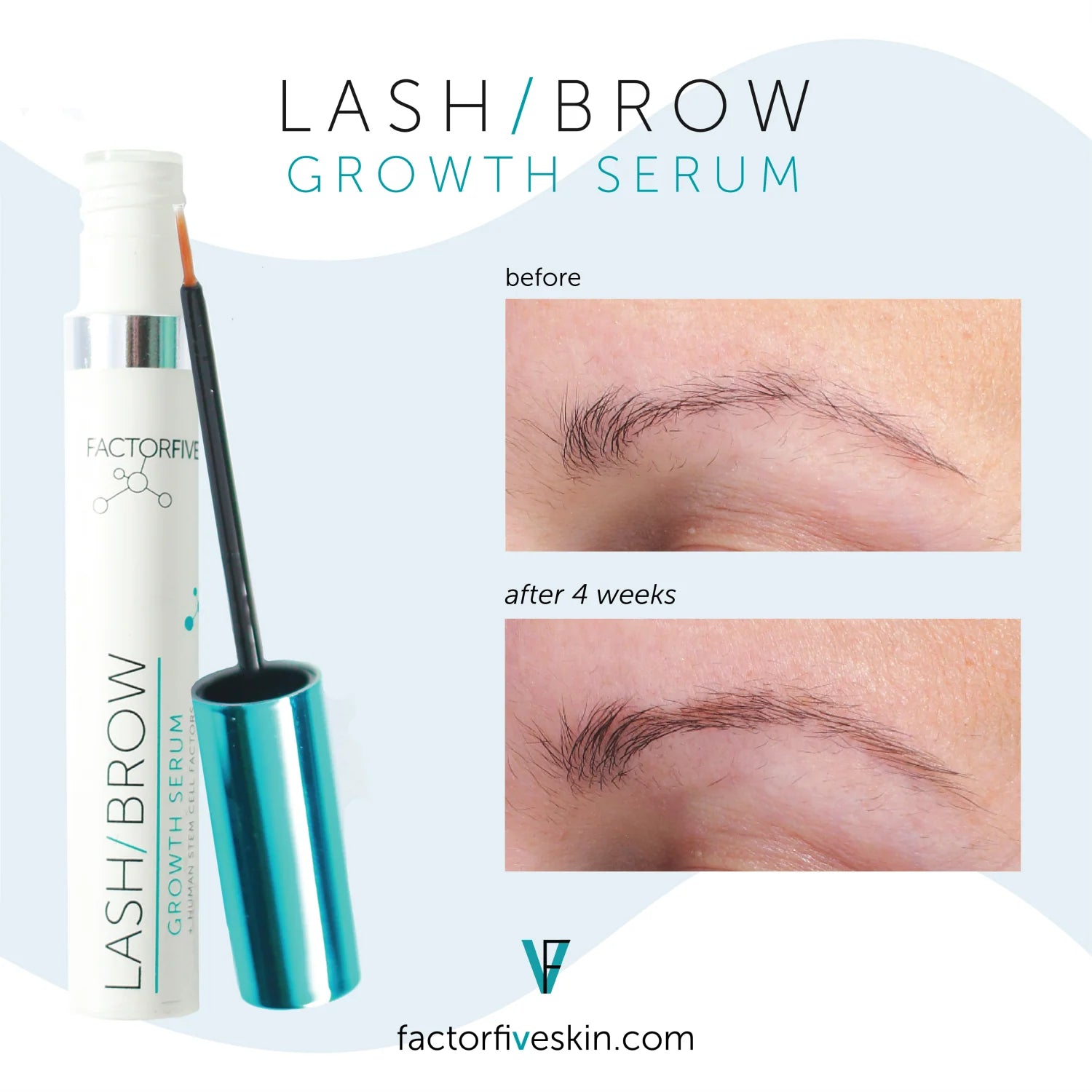 Lash and brow growth serum with before and after results on skin.