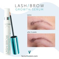 Lash and brow growth serum with before and after results on skin.