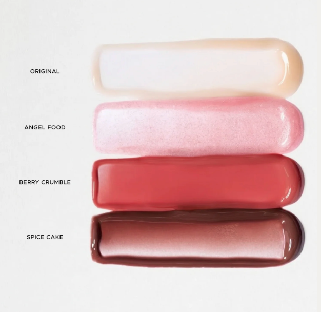 Four lip gloss swatches labeled 'Original', 'Angel Food', 'Berry Crumble', and 'Spice Cake' on a white background.