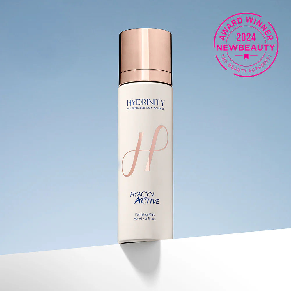 Hydrinity skincare product with an award badge on a light blue background