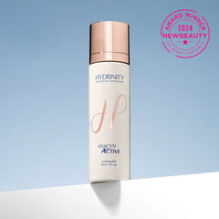 Hydrinity skincare product with an award badge on a light blue background