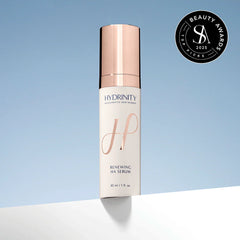 Hydrinity serum bottle with 'Top Picks' beauty award badge on a light blue background