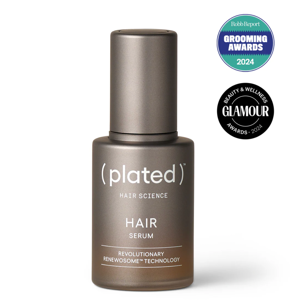Plated hair serum bottle with awards on a white background
