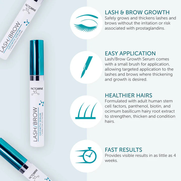 Lash and brow growth serum packaging with application and benefits text on a light blue background