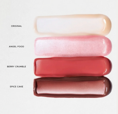 Four lip gloss swatches labeled 'Original', 'Angel Food', 'Berry Crumble', and 'Spice Cake' on a white background.
